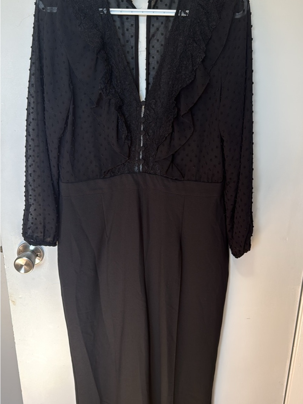 Zara Black Ruffled V-Neck Long-Sleeve Jumpsuit